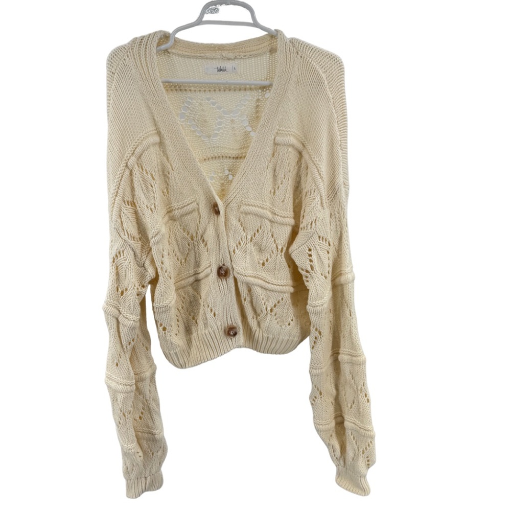 TALULAH Cream Open-Knit Women's  cropped cardigan L slouchy oversized sleeves